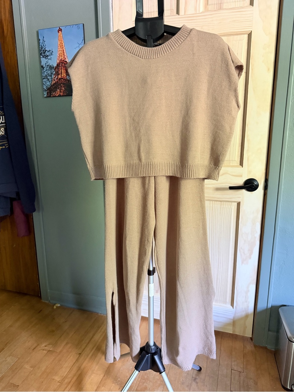 Nasty Gal Beige Knit Cropped Sweater & Wide Leg Pants Set